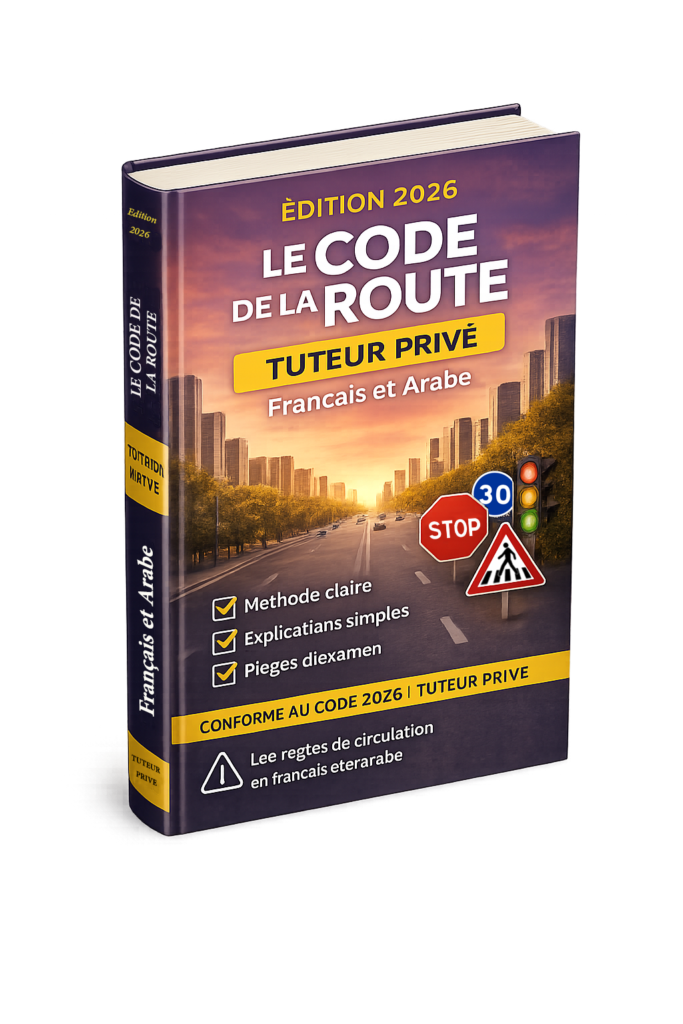 Couverture 3D du livre Le Code de la Route Tuteur Privé Édition 2026 en français et arabe, guide complet avec panneaux, règles de circulation, priorités et préparation à l’examen du code de la route.